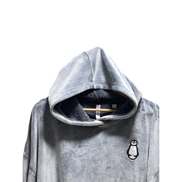 Joyspun Penguin Patch Cropped Teddy Hoodie Gray Size XL Cozy Winter Soft Casual - Picture 6 of 14